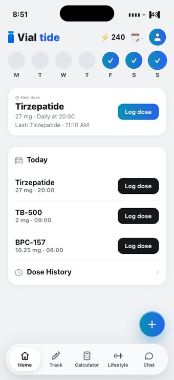 Vialtide Home screen — next dose and today's protocol