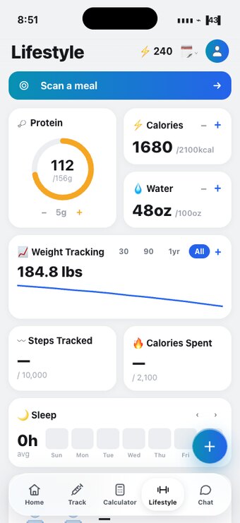 Vialtide Lifestyle screen — protein, calories, weight tracking