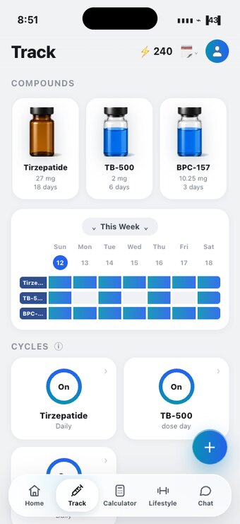 Vialtide Track screen — compounds, weekly schedule, cycles