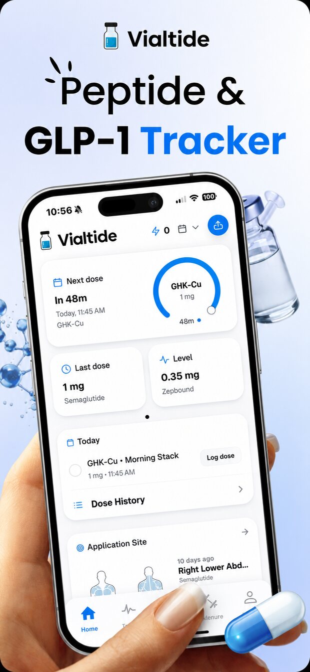Vialtide home screen showing next dose and compound levels